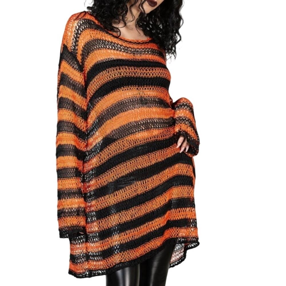 Killstar Orange and Black Open Weave Knit Long Sleeve Sweater Size Large - Picture 3 of 9